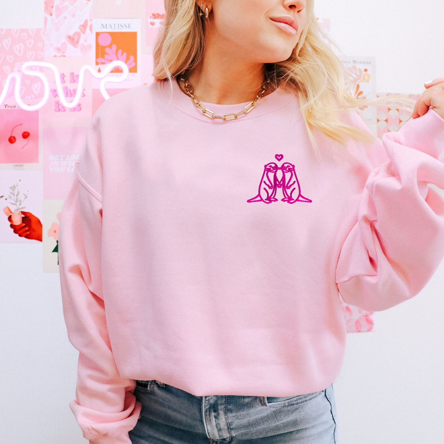 Otterly Adorable Embroidered Classic Crew Neck Sweater