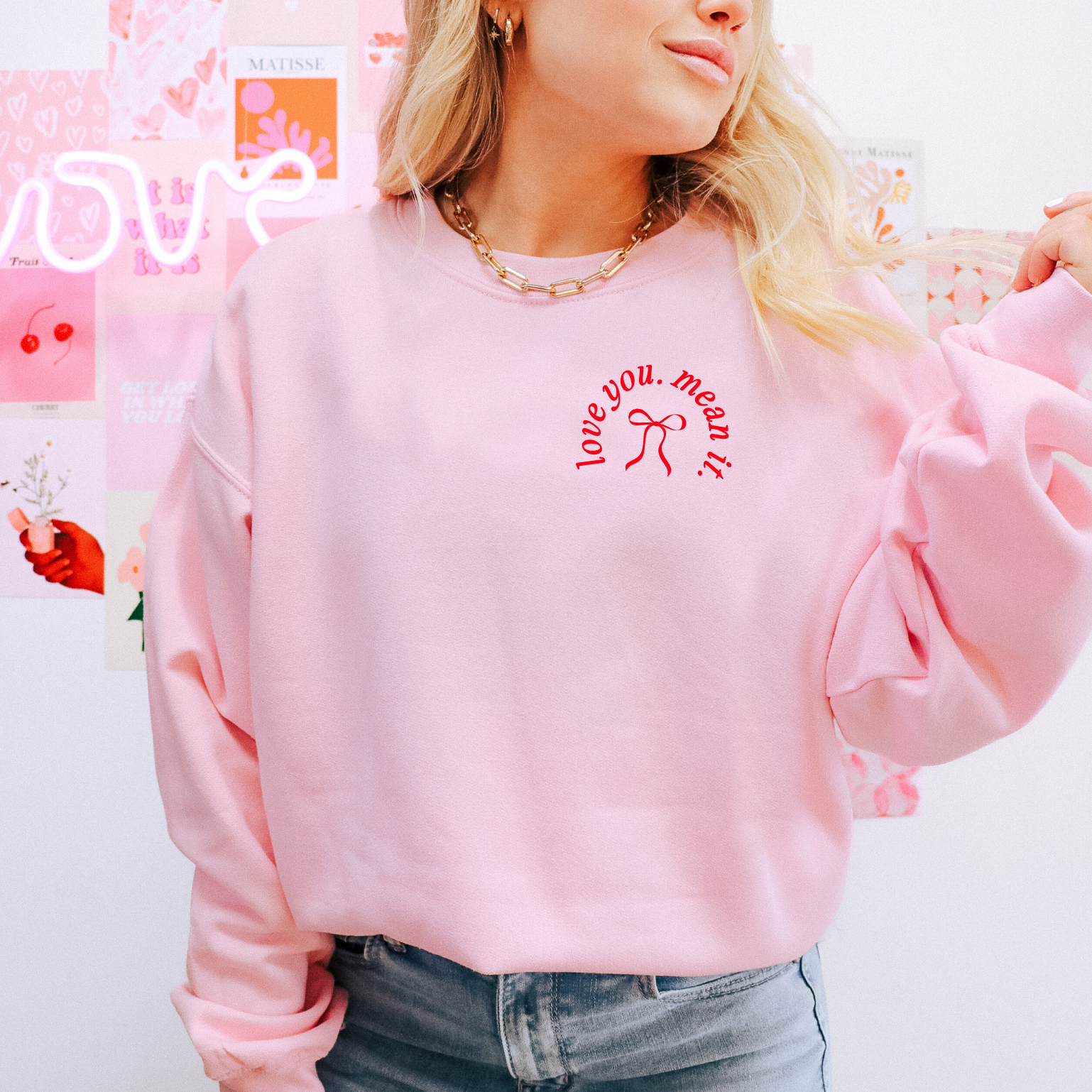Love You. Mean It. Embroidered Classic Crew Neck Sweater