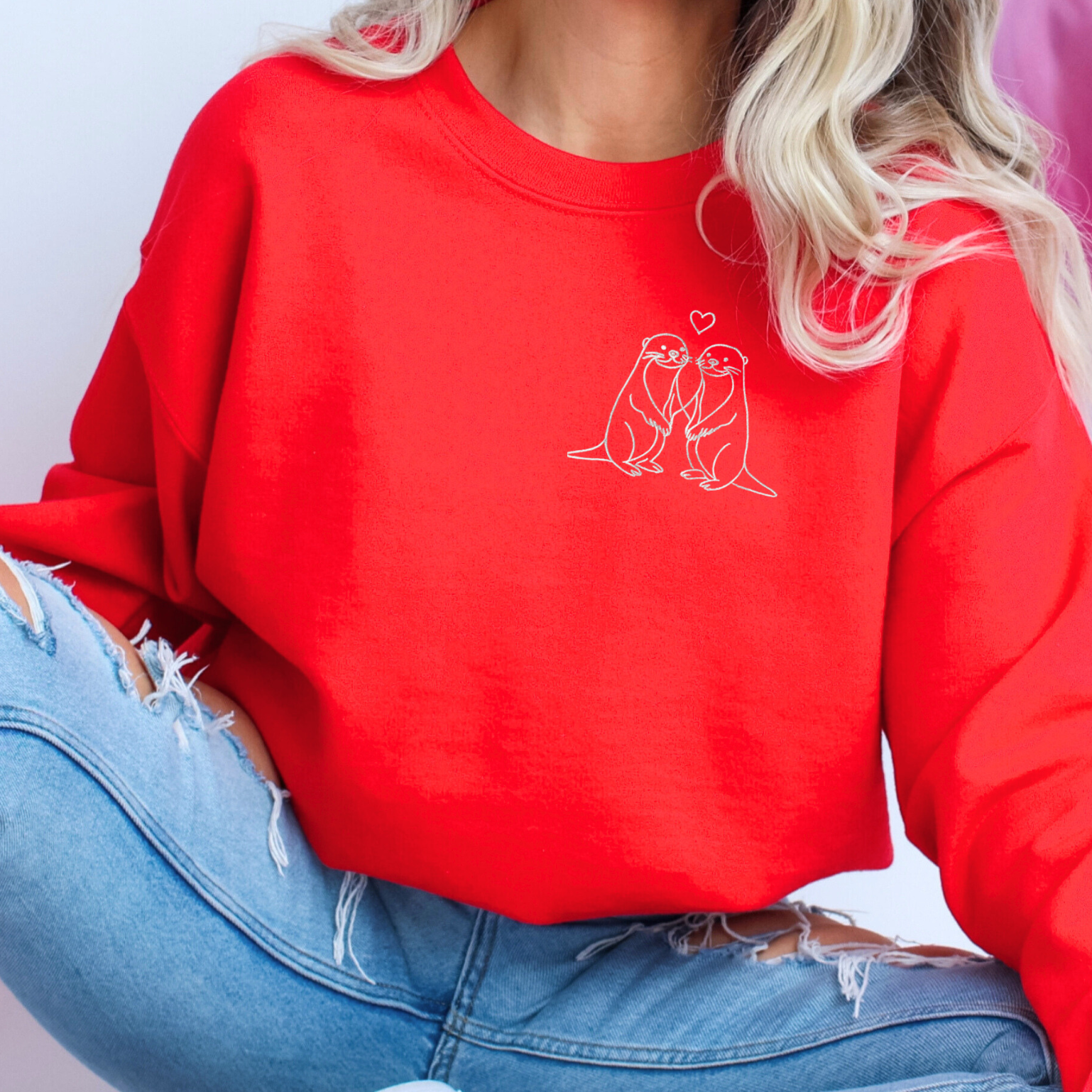 Otterly Adorable Embroidered Classic Crew Neck Sweater