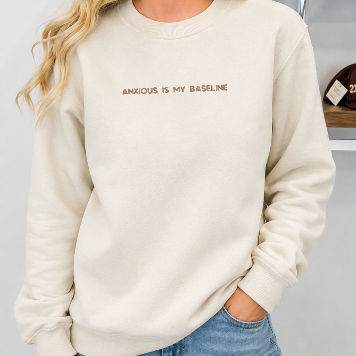 Anxious is my Baseline Embroidered Ultra Soft Crew Neck Sweater