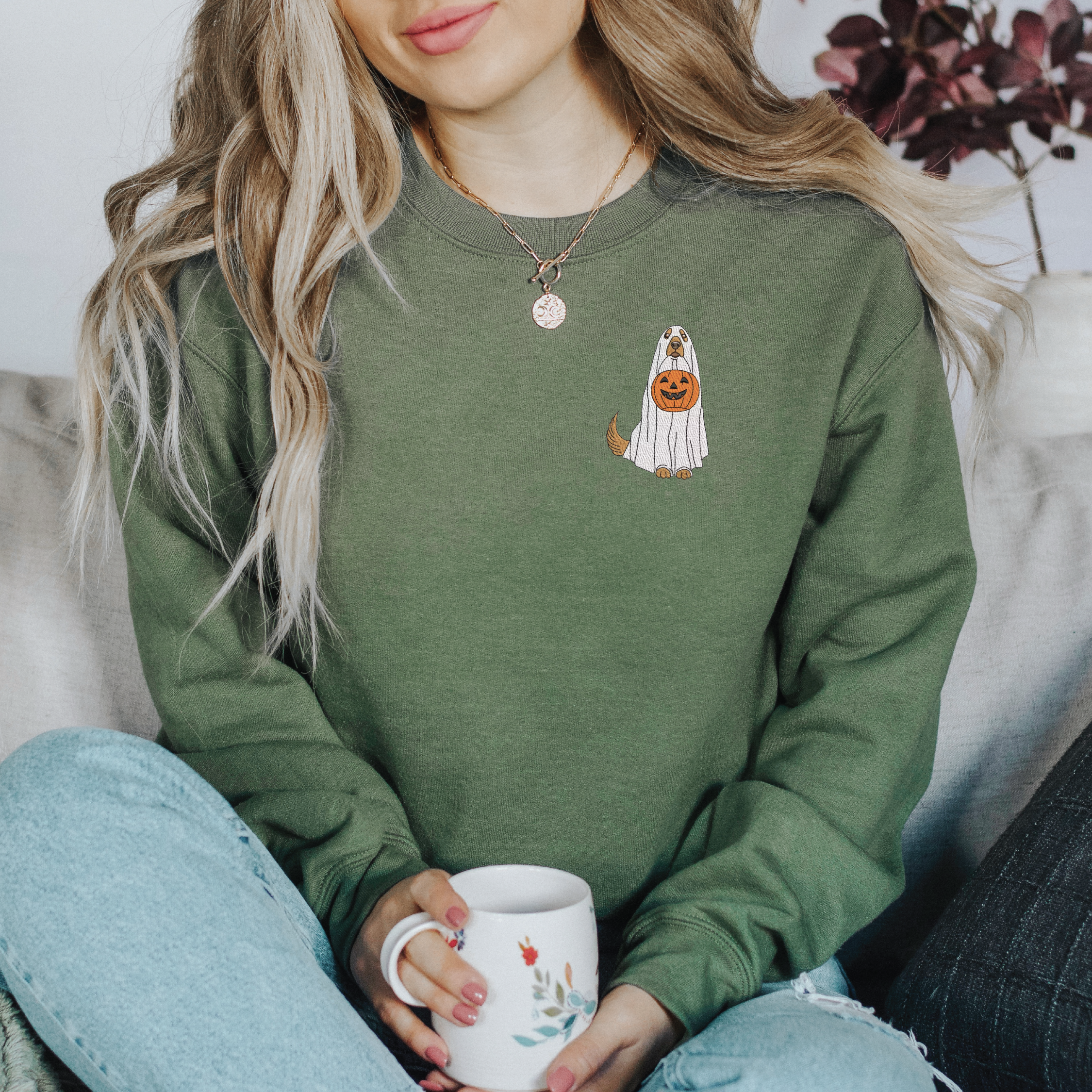 Embroidered Ghost Dog Classic Crew Neck Sweater