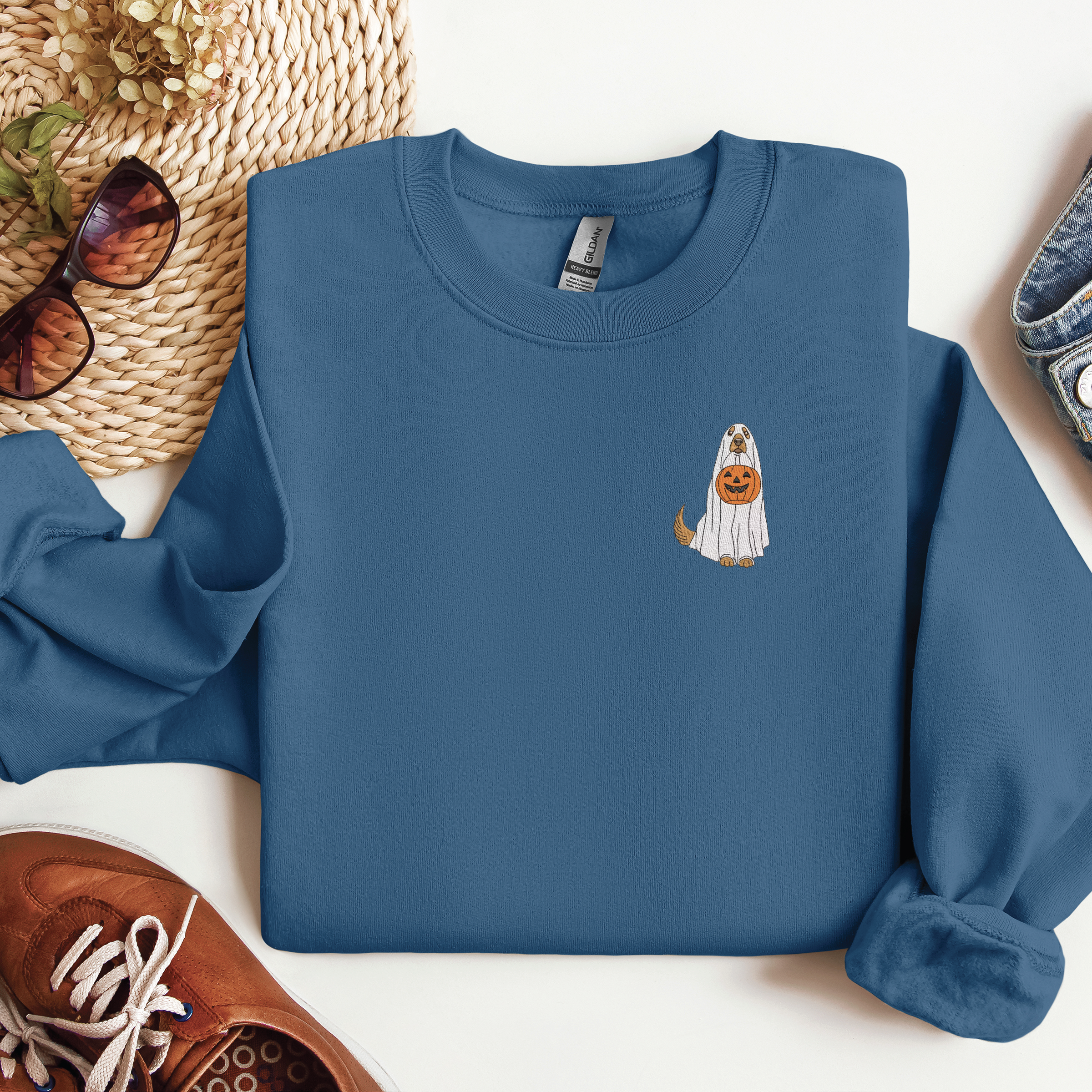 Embroidered Ghost Dog Classic Crew Neck Sweater