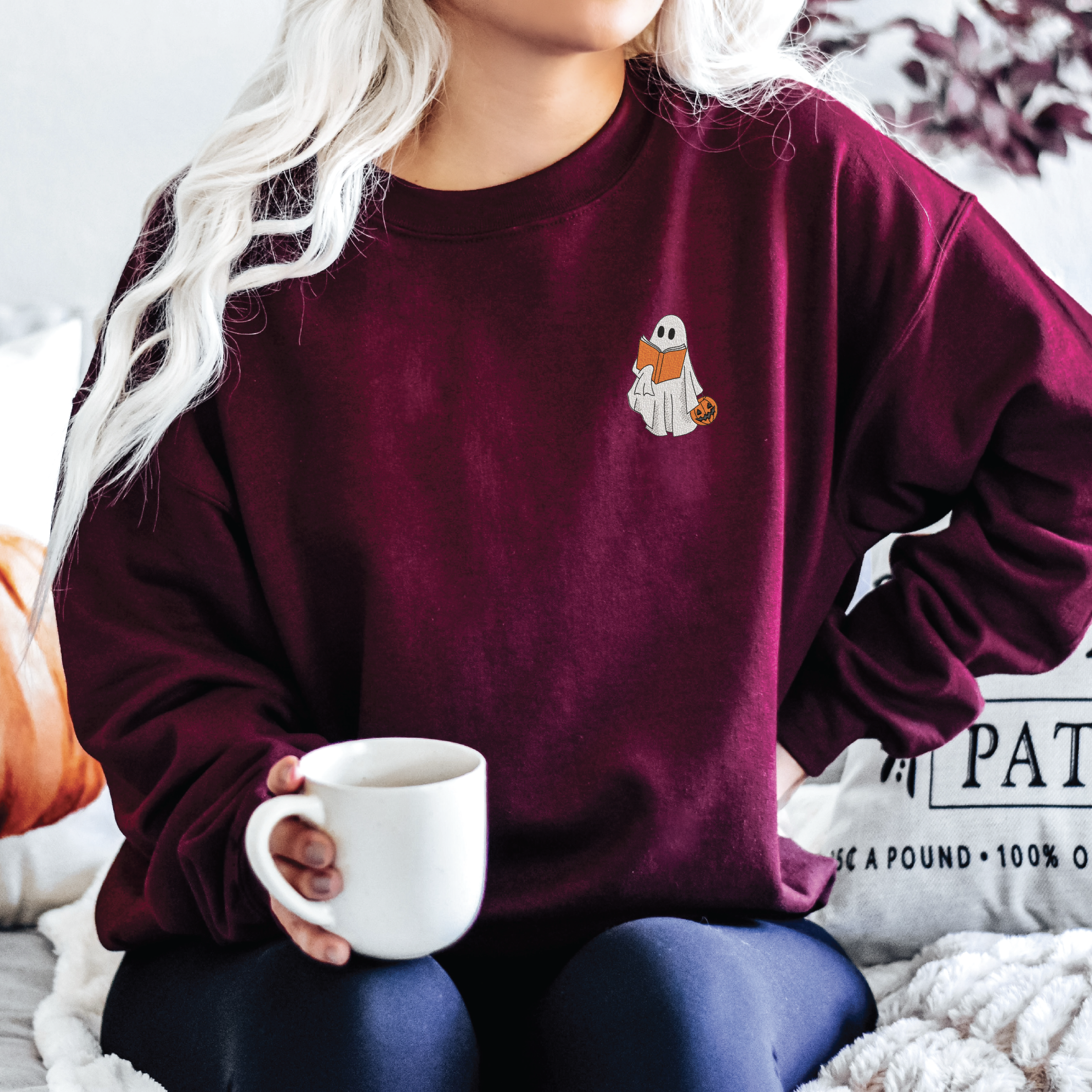 Embroidered Ghost Reading Book Classic Sweater