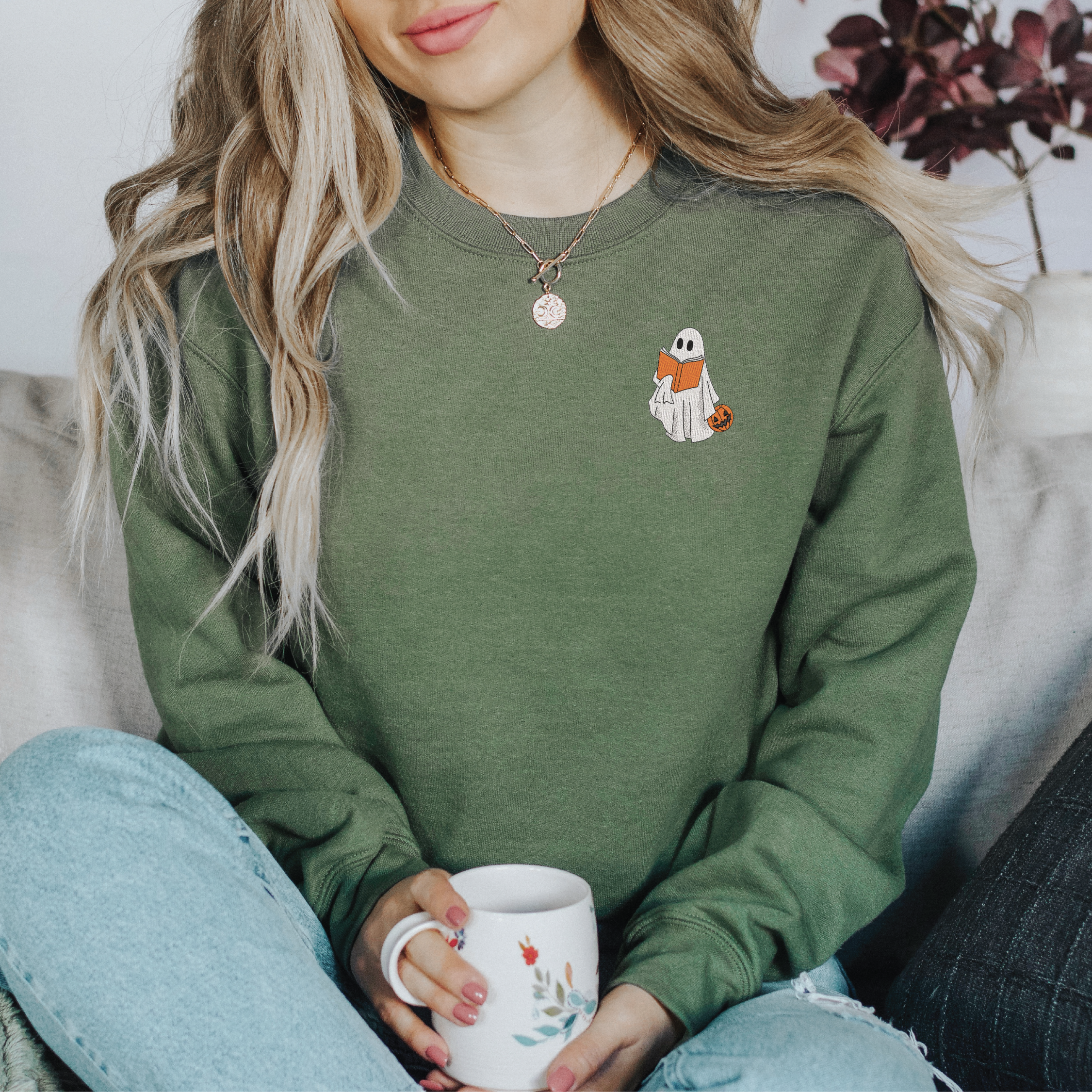 Embroidered Ghost Reading Book Classic Sweater