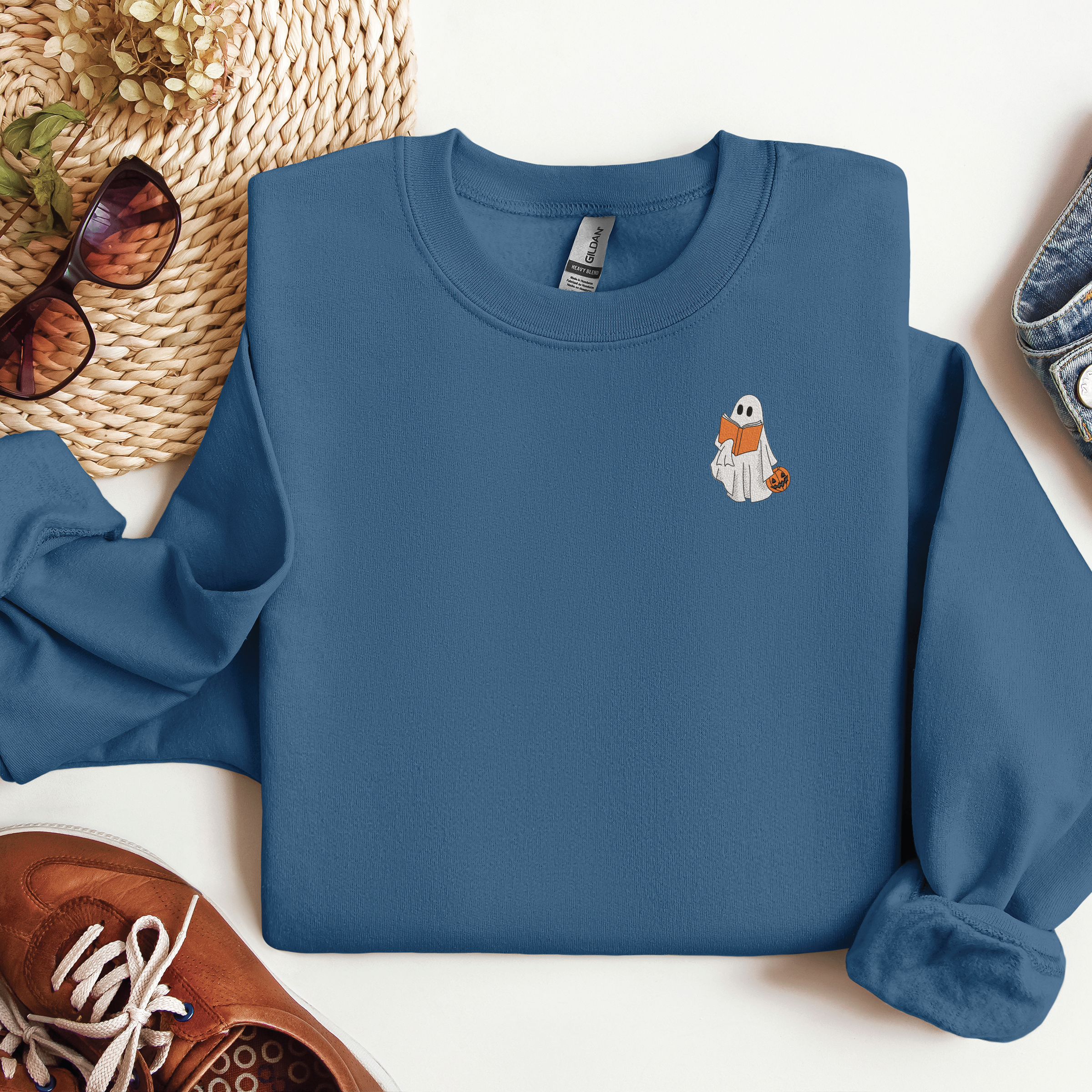 Embroidered Ghost Reading Book Classic Sweater