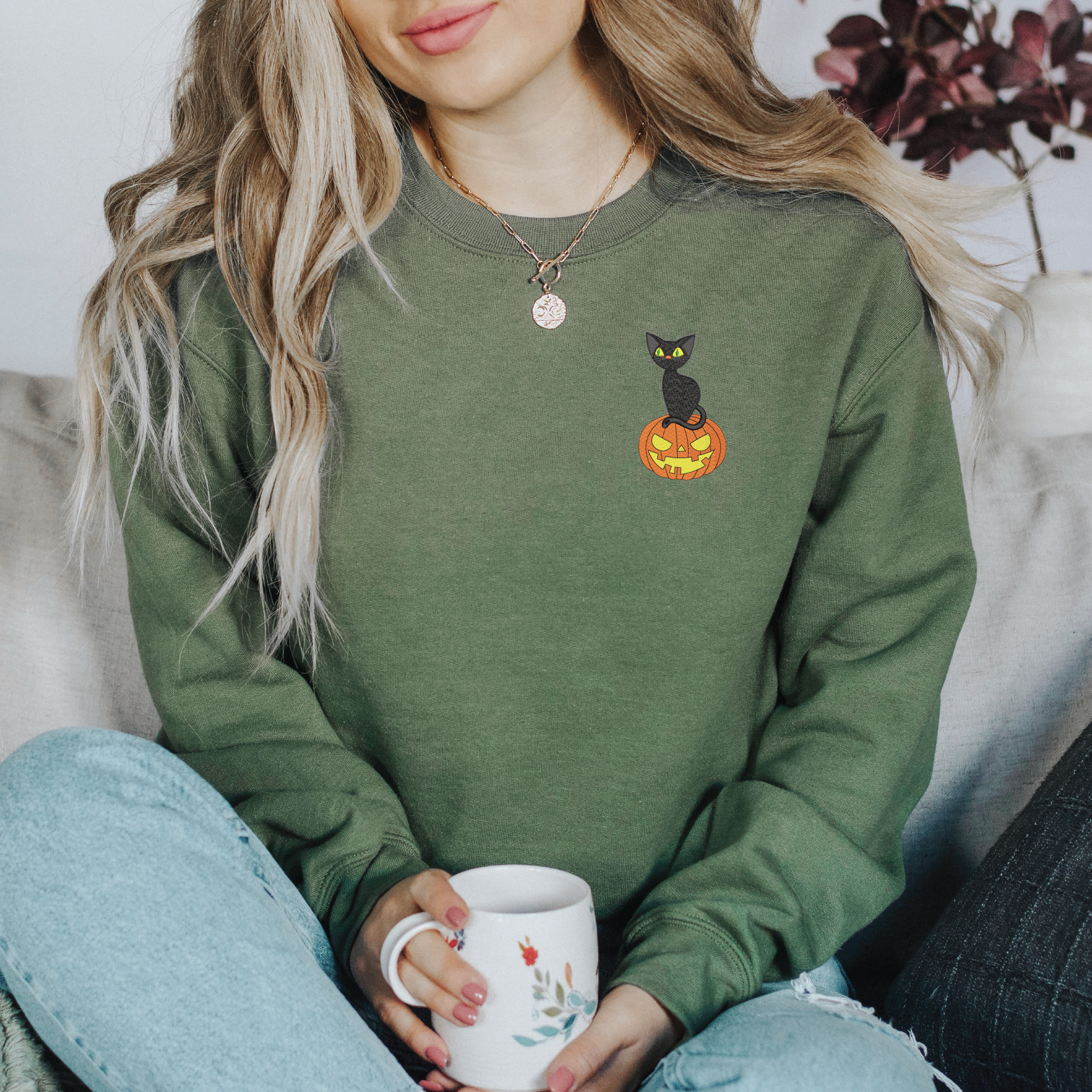 Embroidered Cat on a Pumpkin Classic Crew Neck Sweater