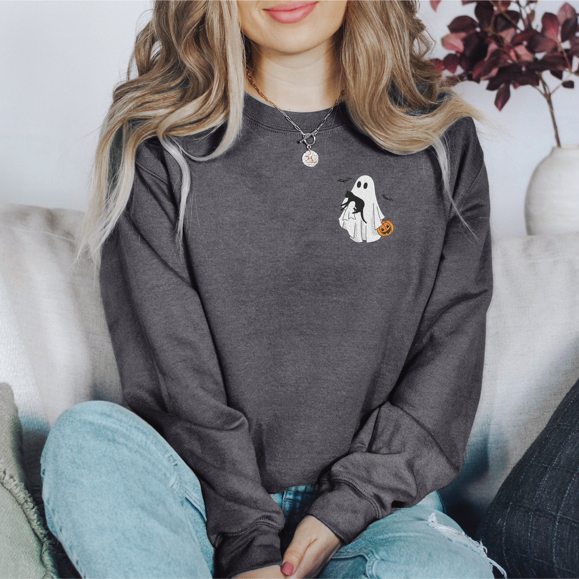 Embroidered Ghost with Pumpkin & Cat Classic Crew Neck Sweater