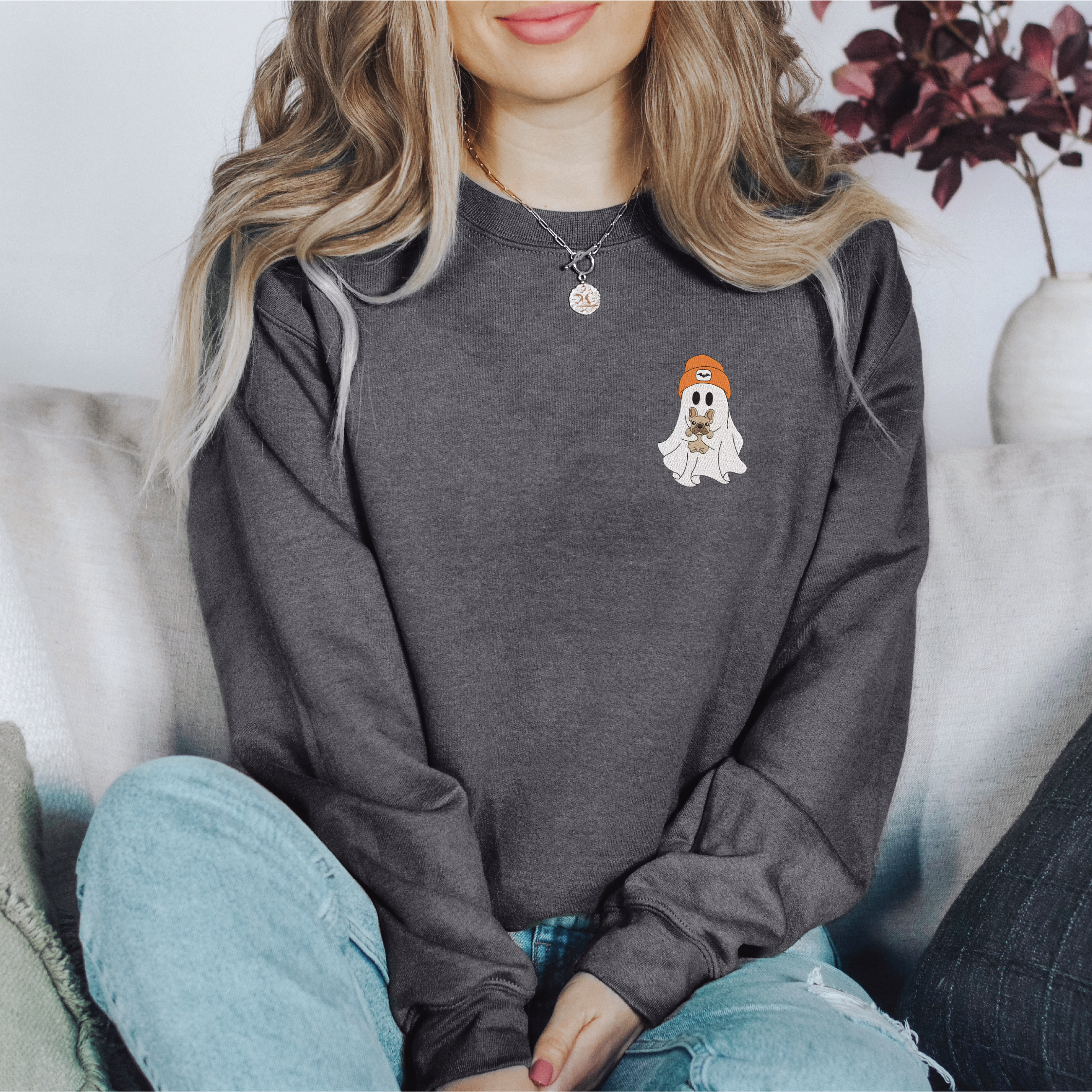 Embroidered Ghost with Dog Classic Crew Neck Sweater
