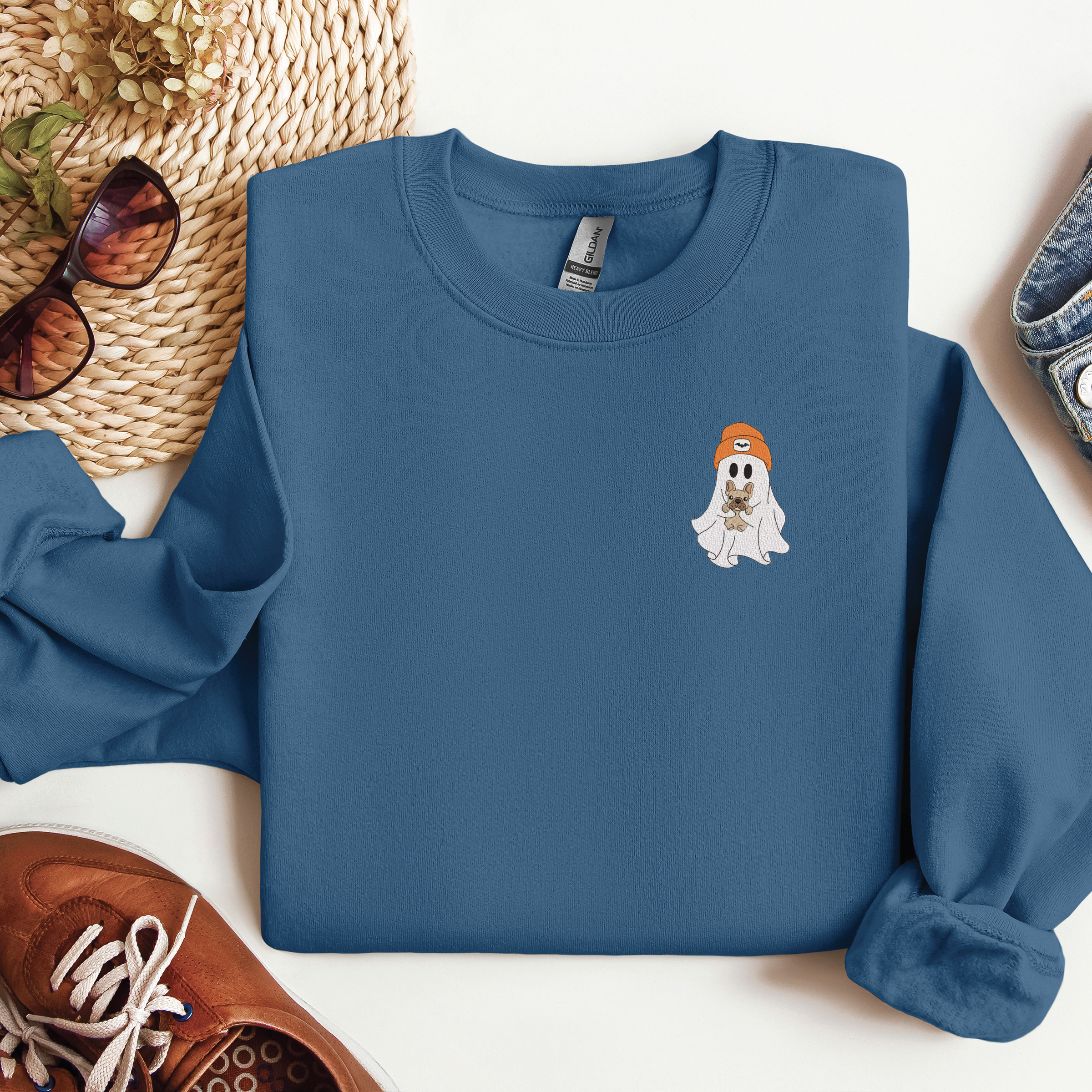 Embroidered Ghost with Dog Classic Crew Neck Sweater