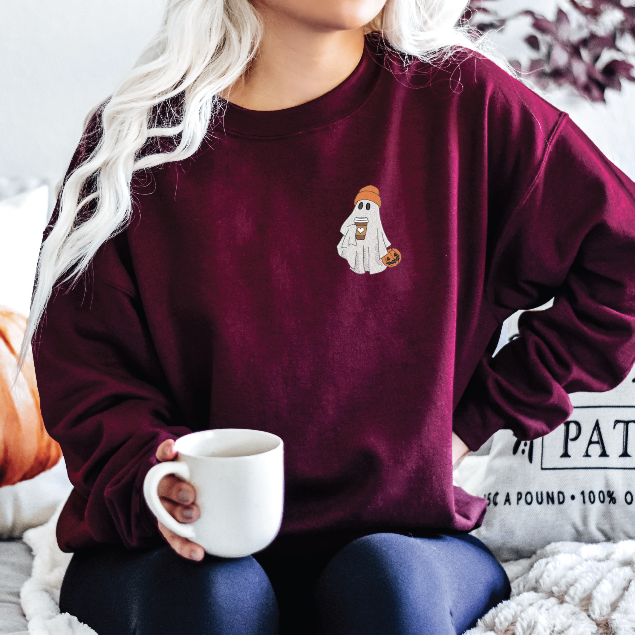 Embroidered Ghost with Latte Classic Crew Neck Sweater