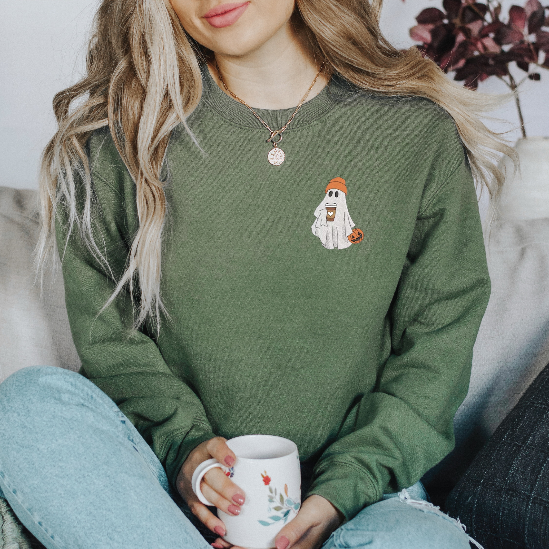 Embroidered Ghost with Latte Classic Crew Neck Sweater