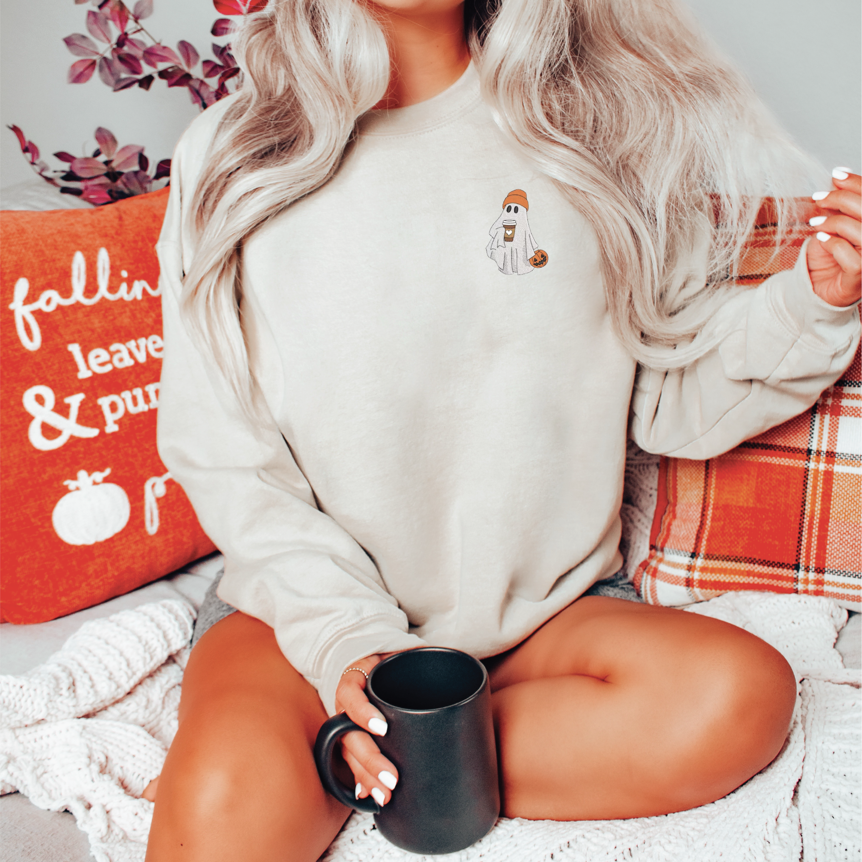 Embroidered Ghost with Latte Classic Crew Neck Sweater