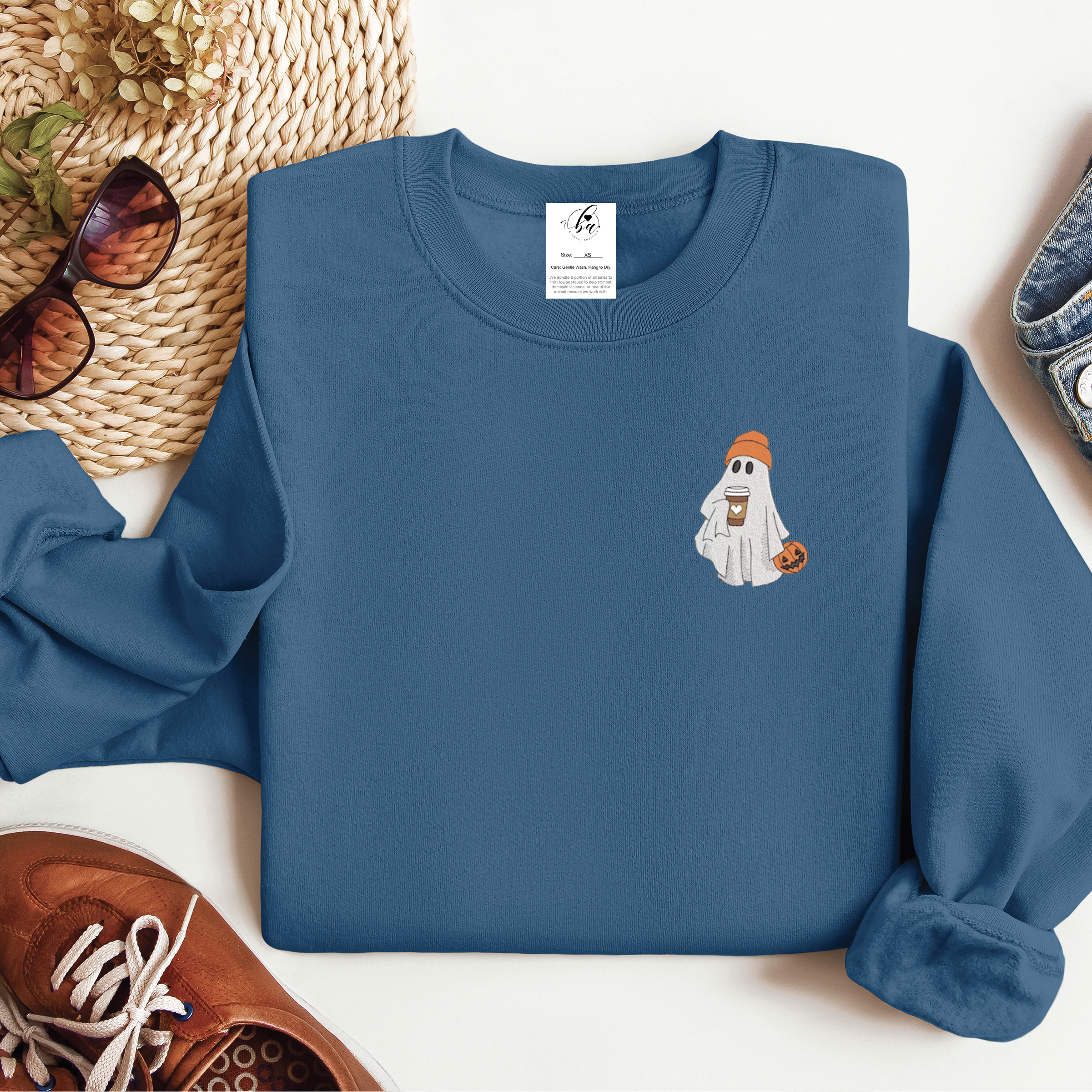 Embroidered Ghost with Latte Classic Crew Neck Sweater