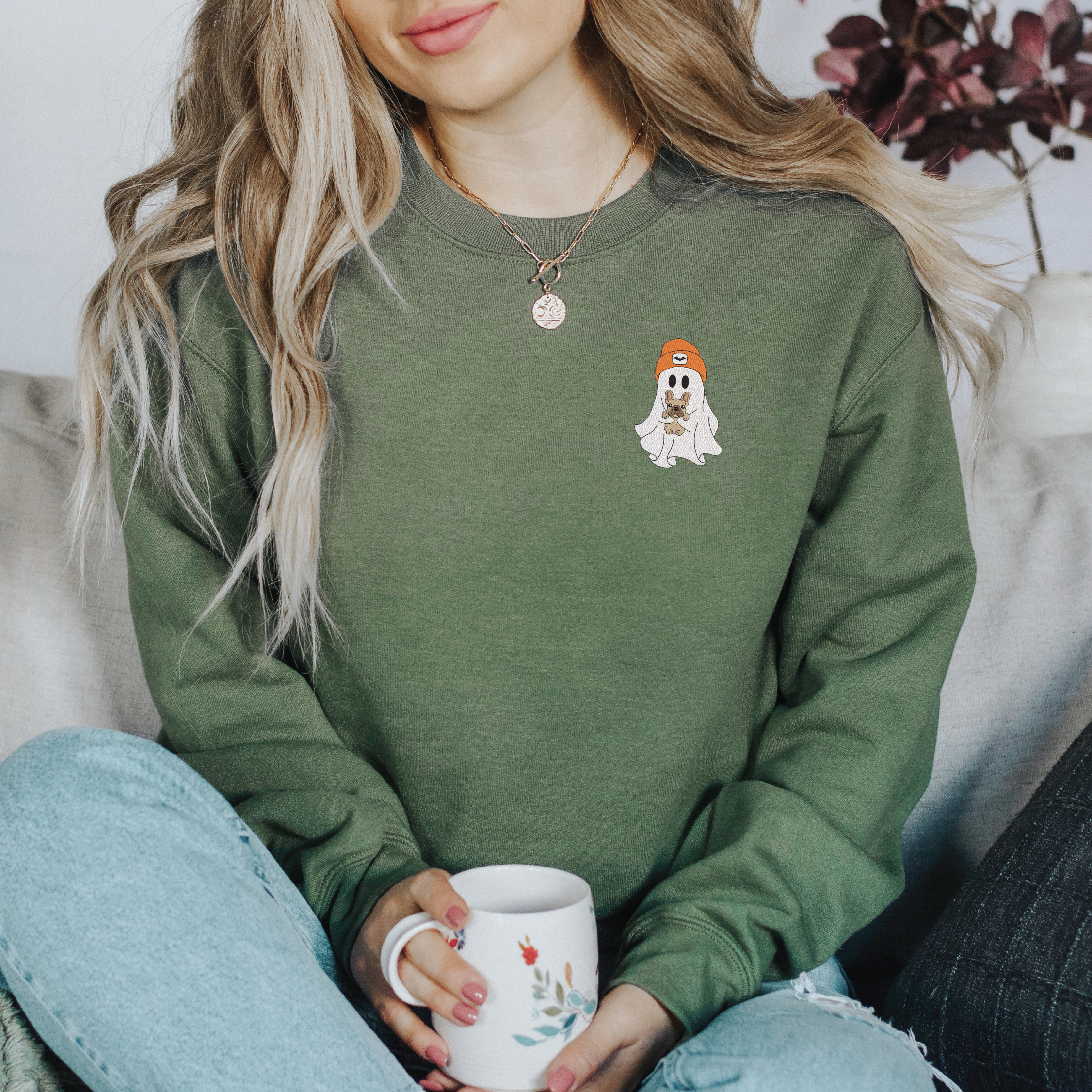 Embroidered Ghost with Dog Classic Crew Neck Sweater
