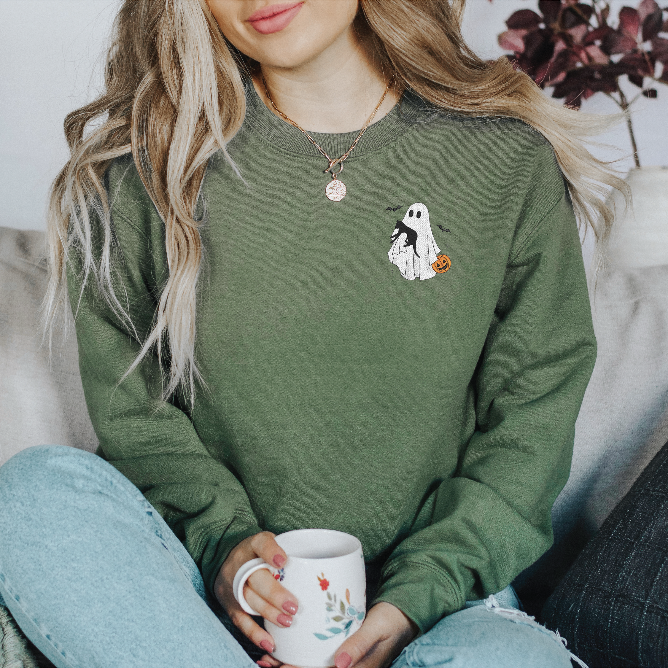 Embroidered Ghost with Pumpkin & Cat Classic Crew Neck Sweater