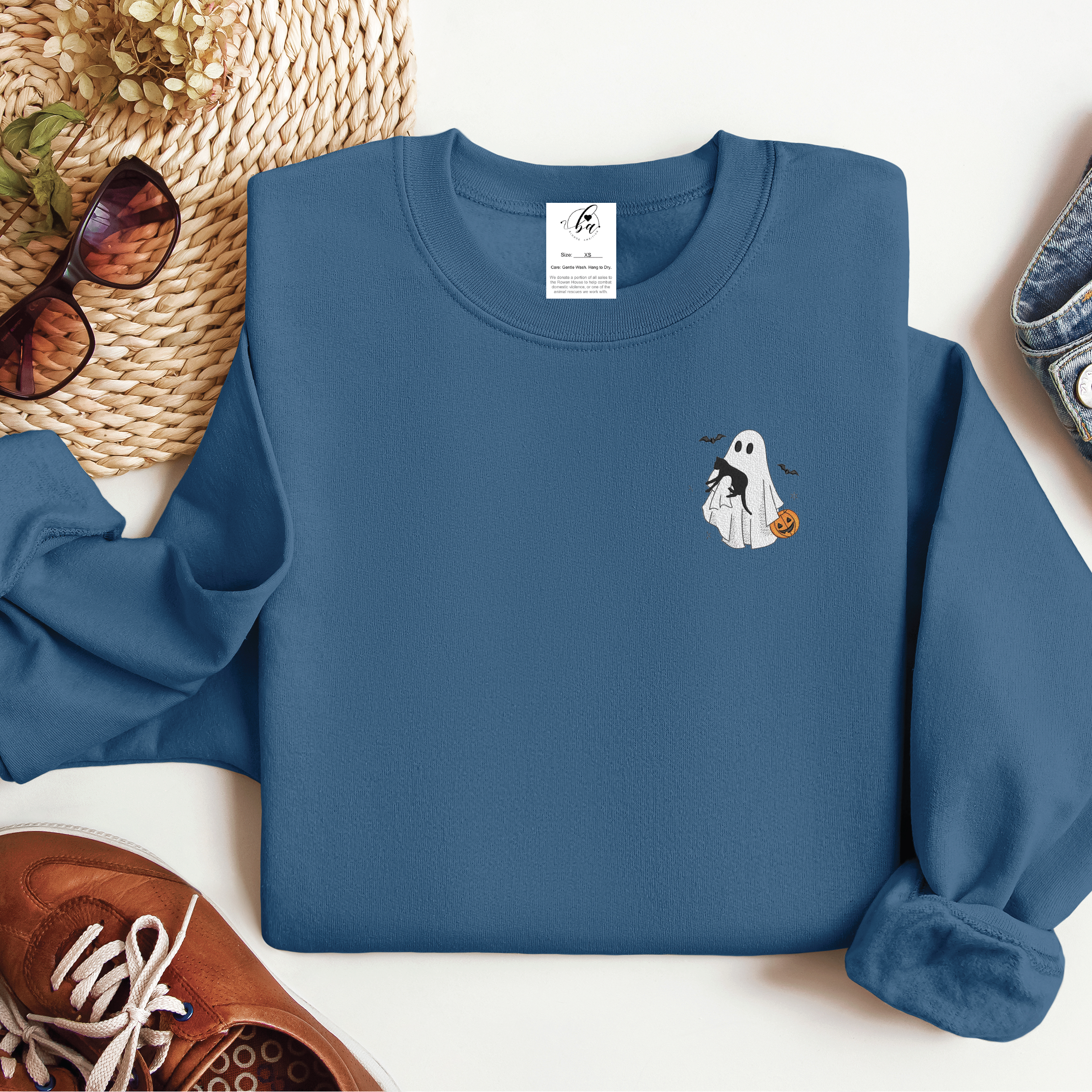 Embroidered Ghost with Pumpkin & Cat Classic Crew Neck Sweater