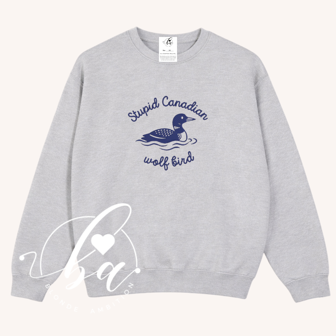Stupid Canadian Wolf Bird Embroidered Classic Crew Neck Sweater