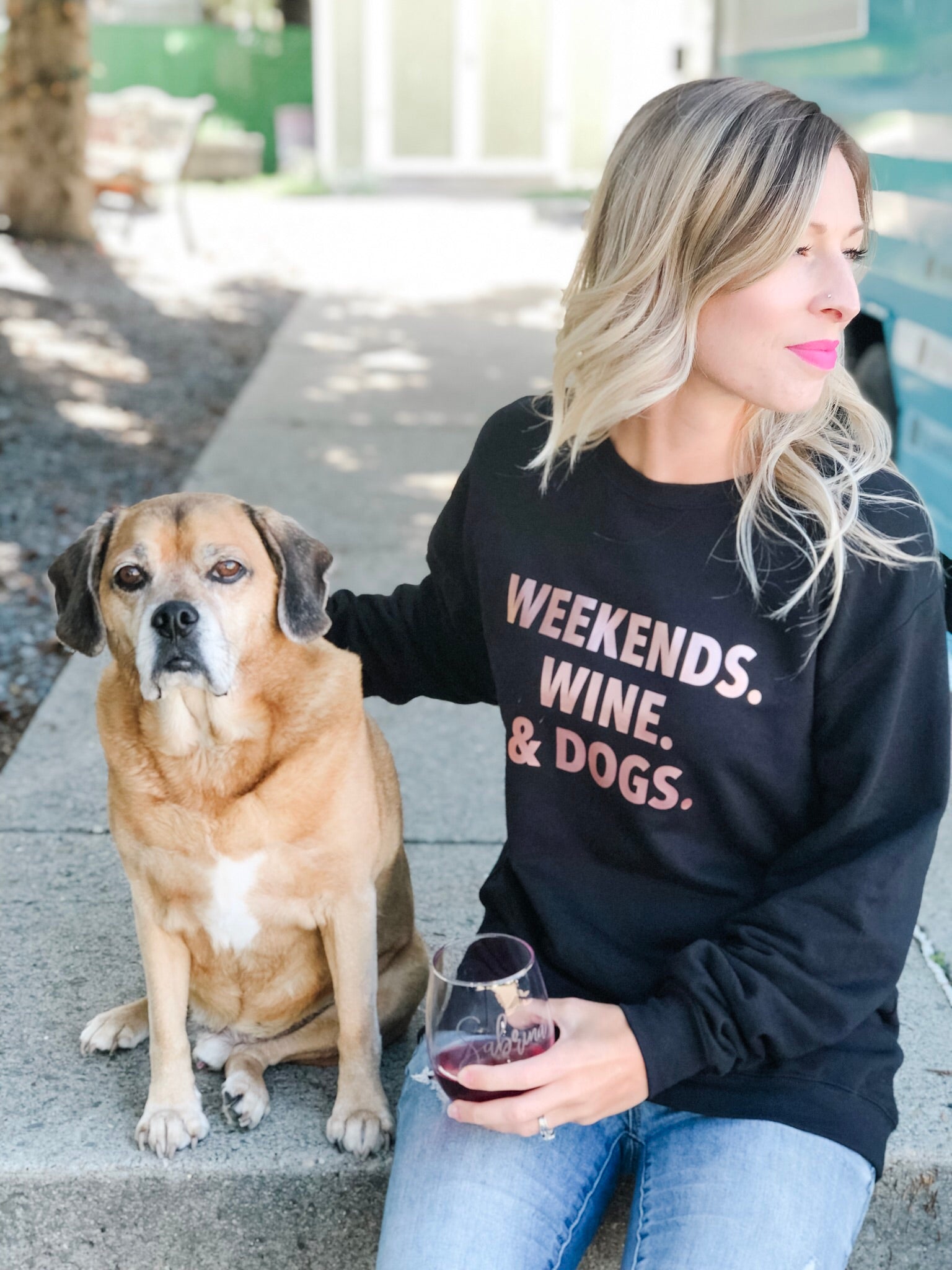 Weekends. Wine. & Dogs. Cozy Crew Neck Sweater - Blonde Ambition