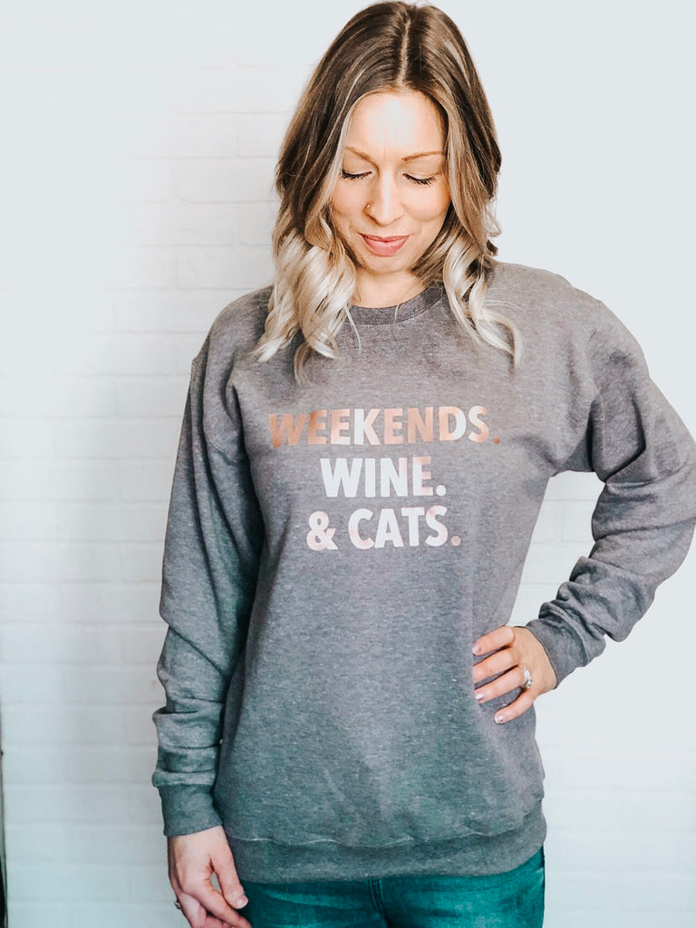 Weekends, Wine & Cats Cozy Crew Neck Sweater - Blonde Ambition