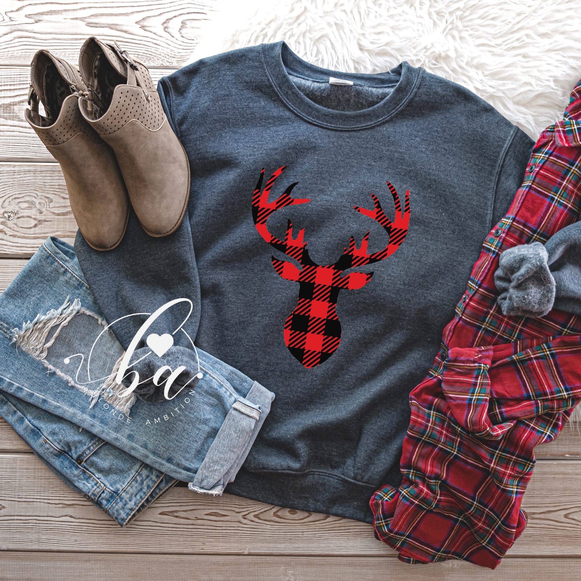 Plaid Deer Classic Crew Neck Sweater