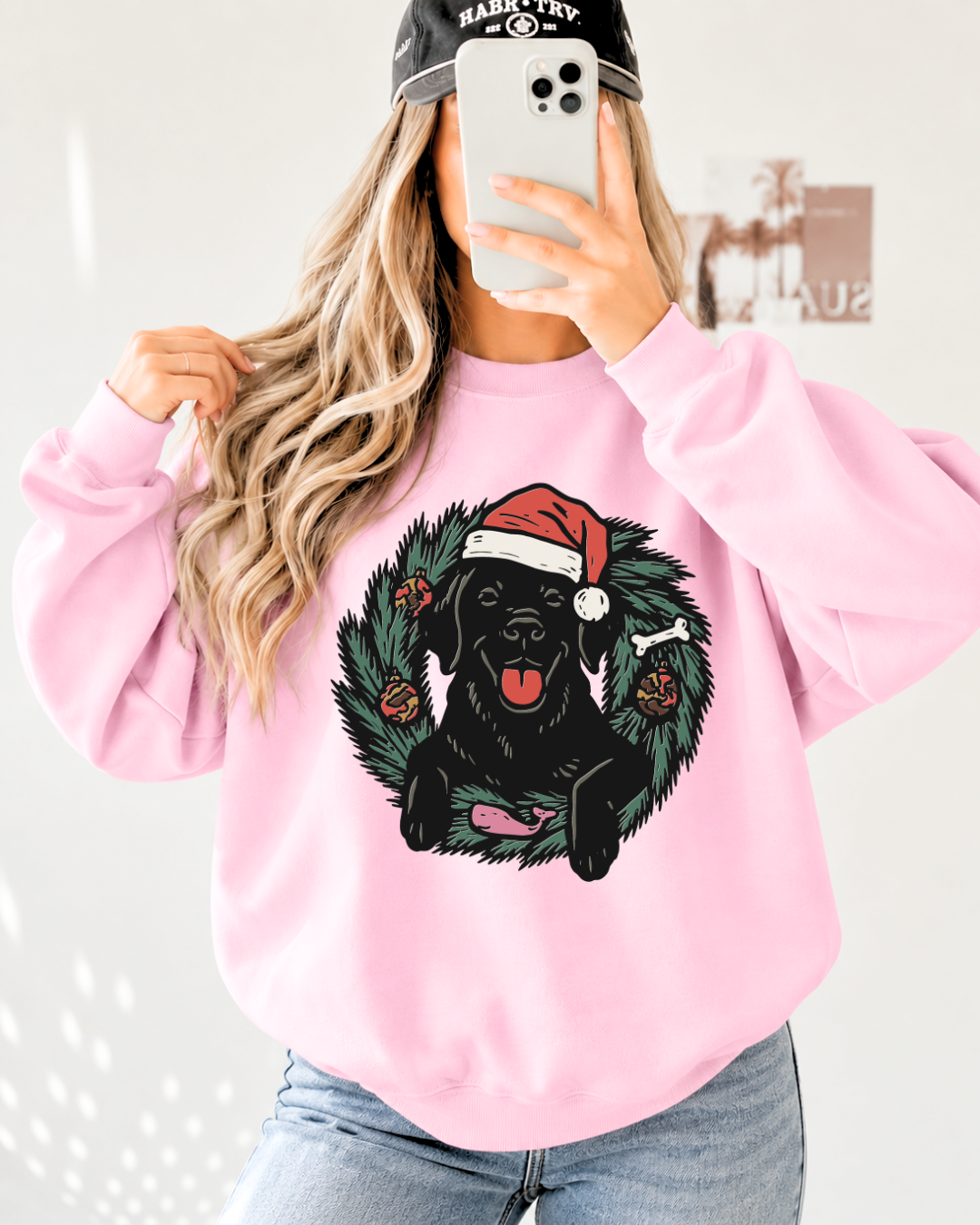 Christmas Black Lab {Wreath} Classic Crew Neck Sweater