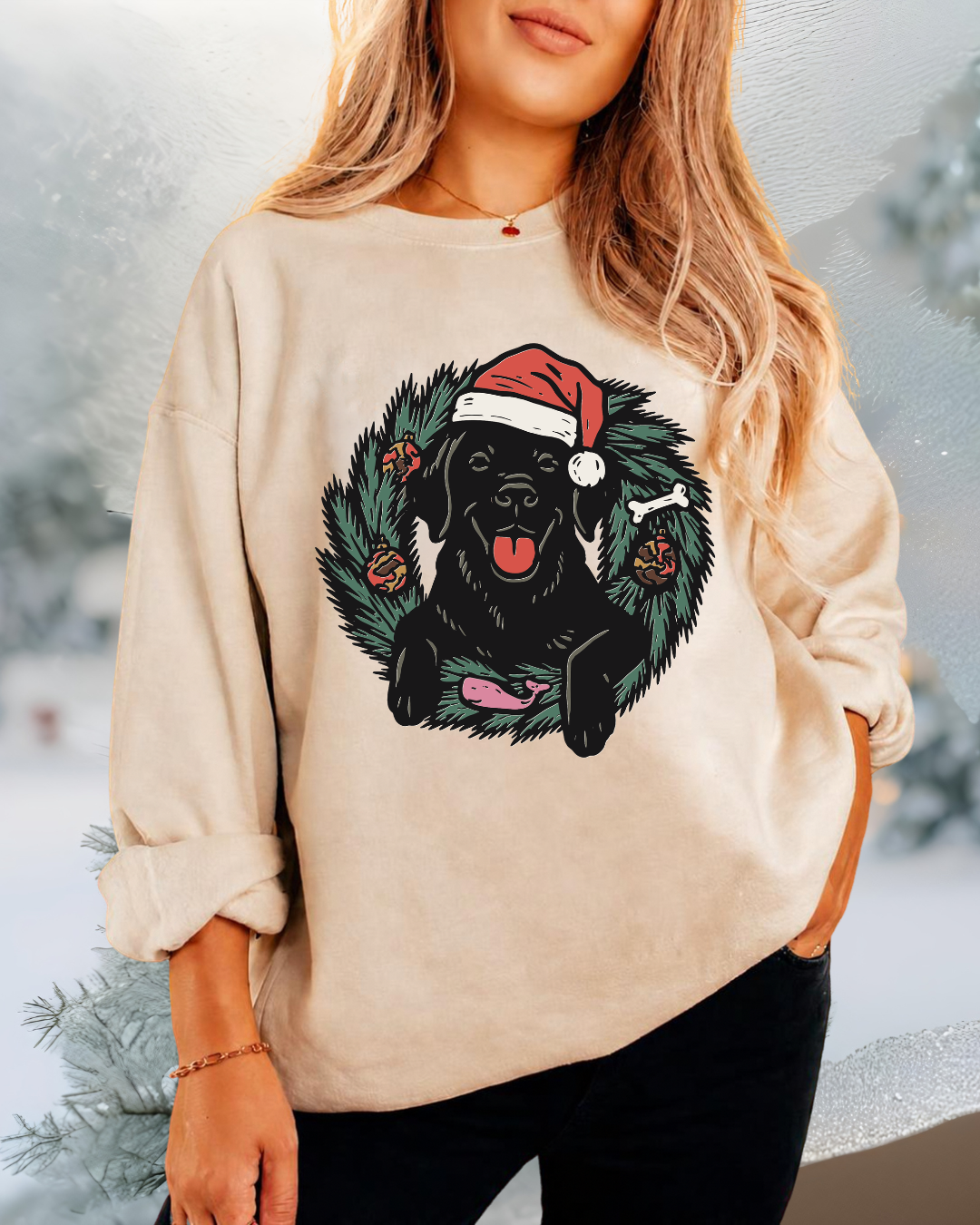 Christmas Black Lab {Wreath} Classic Crew Neck Sweater