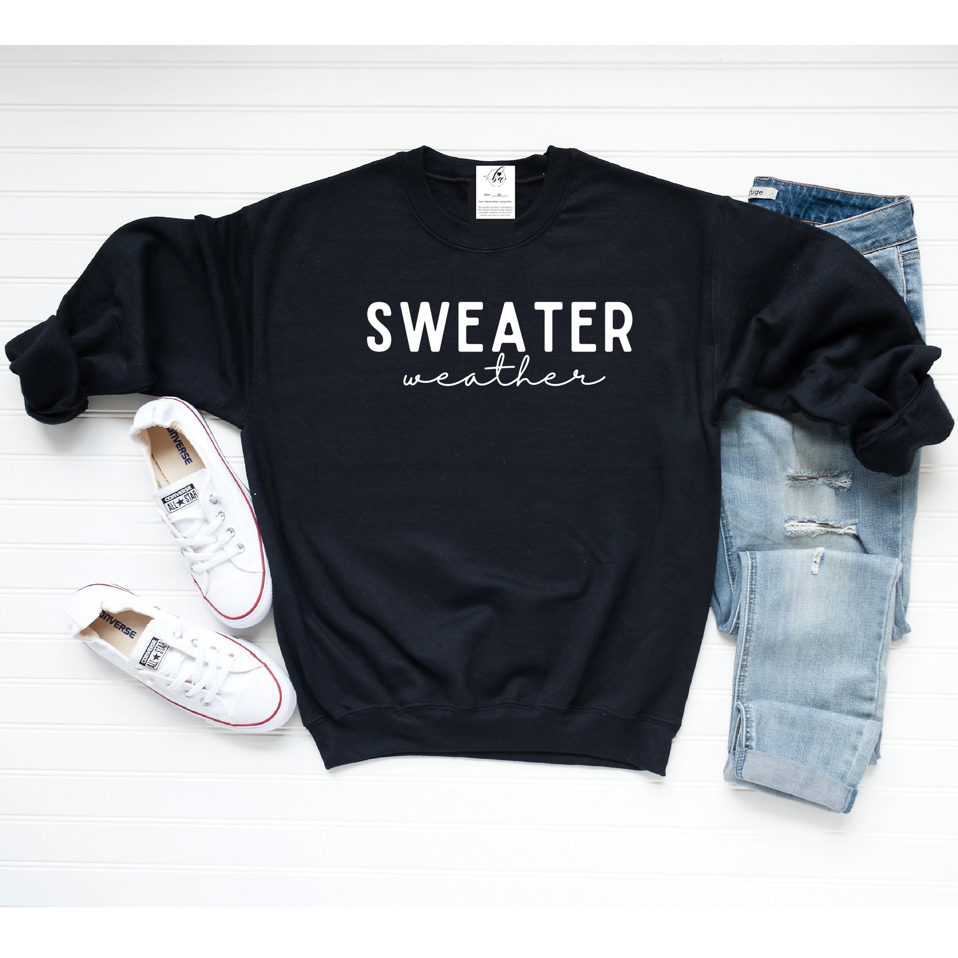 Sweater Weather Cozy Crew Neck Sweater XS Black Sweater White Font