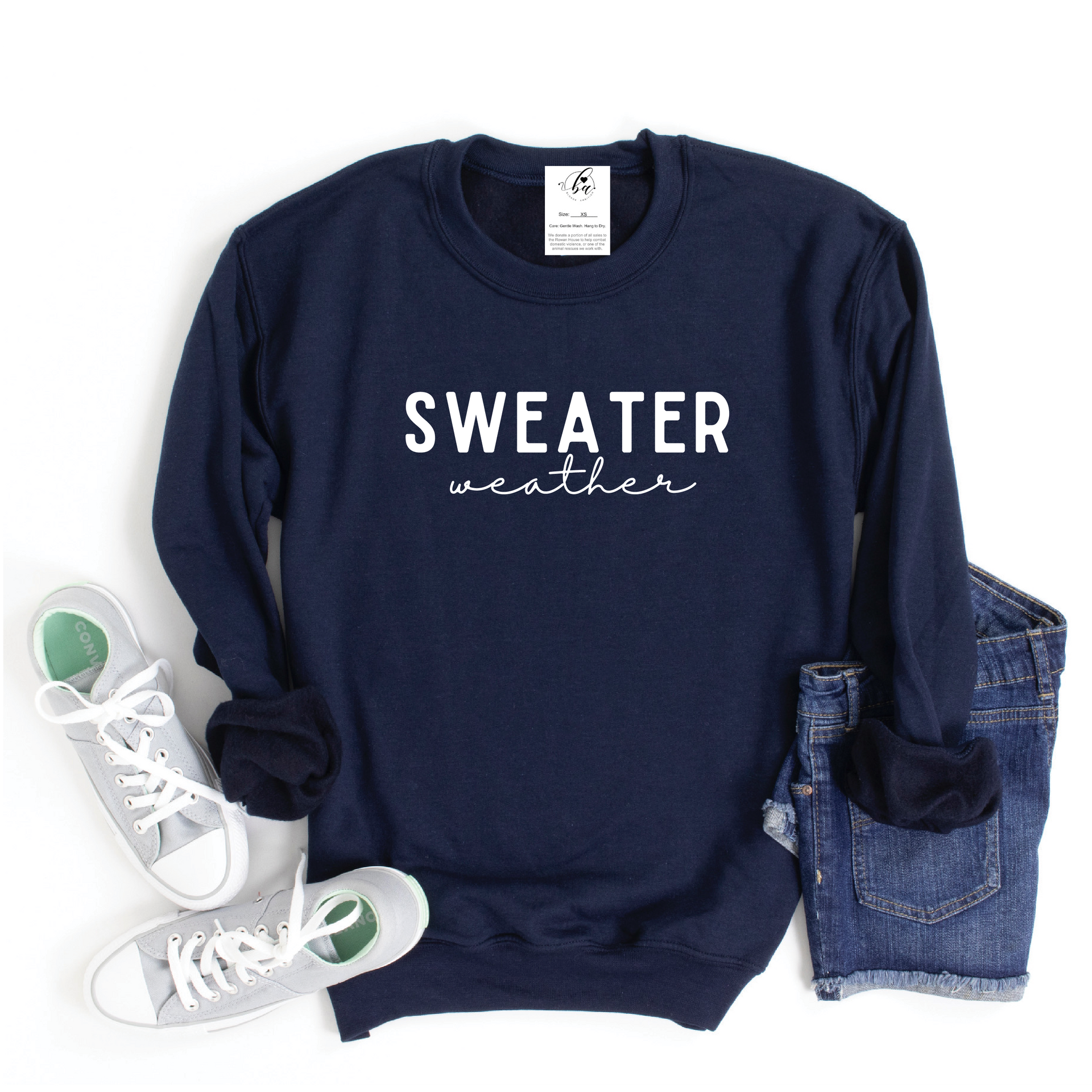 Sweater Weather Cozy Crew Neck Sweater XS Navy Sweater White Font