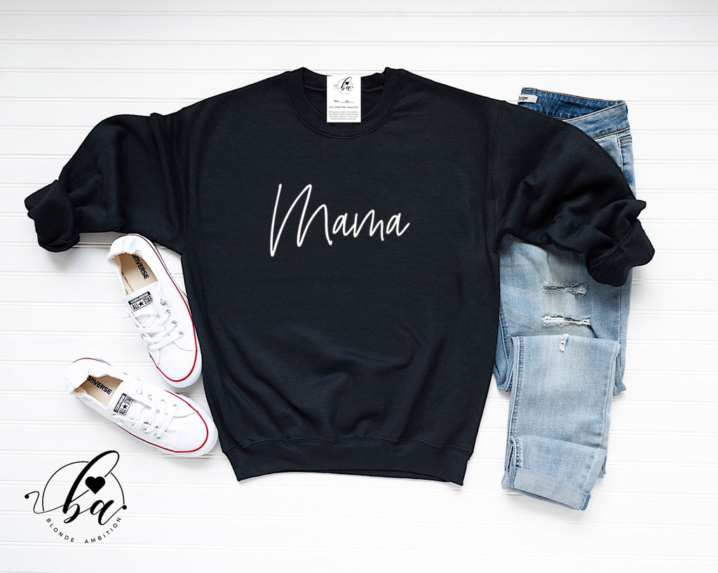Mama SCRIPT Cozy Crew Neck Sweater 2X Black Sweater Rose Gold Font